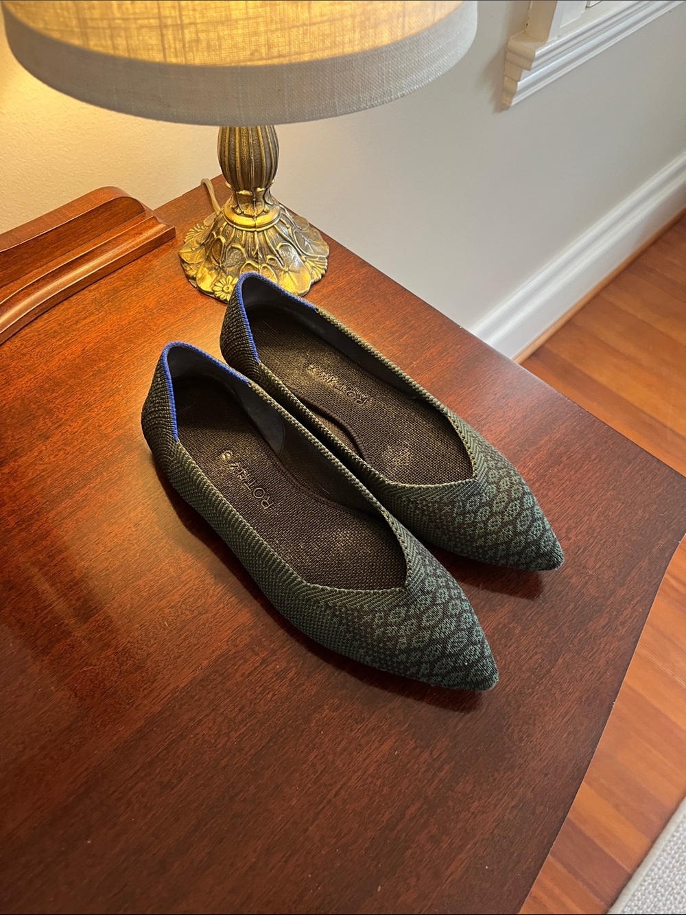 Rothy's Pointed Knit Flats in Forest Green with Navy Trim